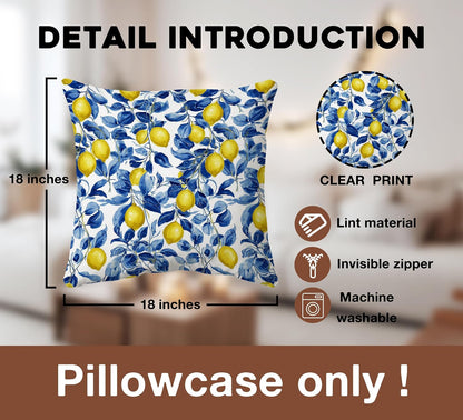 huester Mediterranean Lemon Pillow Cover 18x18, Lemon Gifts for Women, Blue and White Botanical Summer Fruit Decorative Throw Pillow Cover Pillowcases for Home Bedroom Living Room Decor