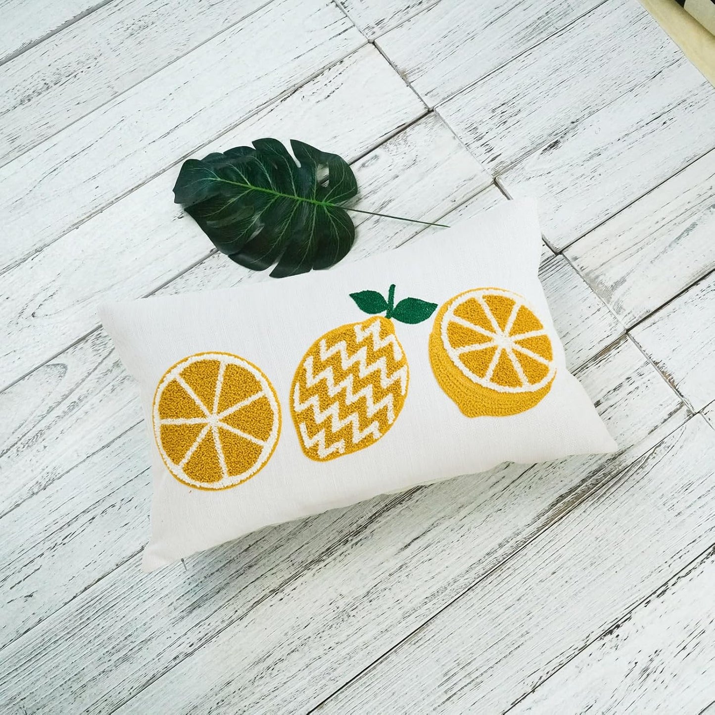 ONWAY Summer Lemon Pillow Covers 12x20 Inch Yellow Emboridery Farmhouse Boho Decorative Lumbar Patio Cushion Case for Sofa Couch Living Room