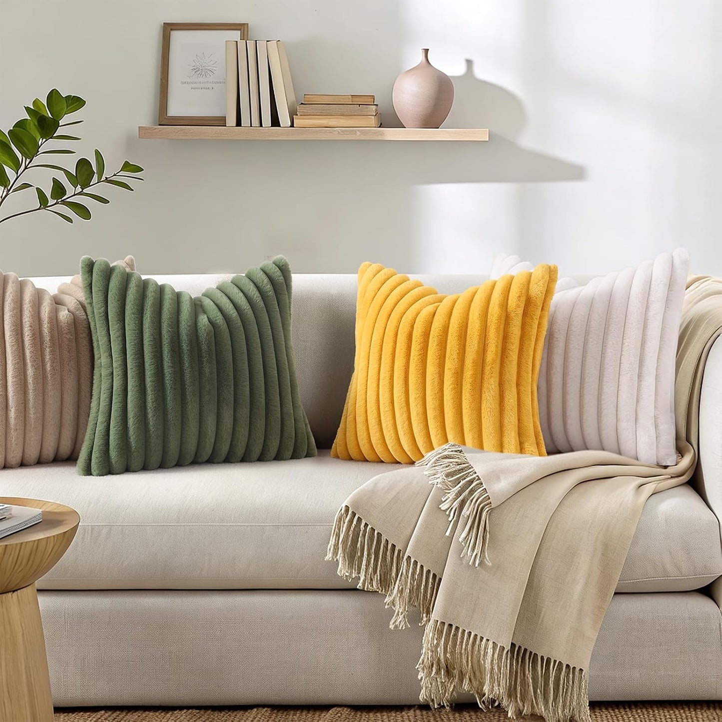 Simmore Faux Fur Euro Sham Couch Throw Pillow Covers 24x24 Set of 2, Decorative Soft Striped Plush Pillow Covers with Velvet Back for Sofa Bed Living Room, Mustard Yellow