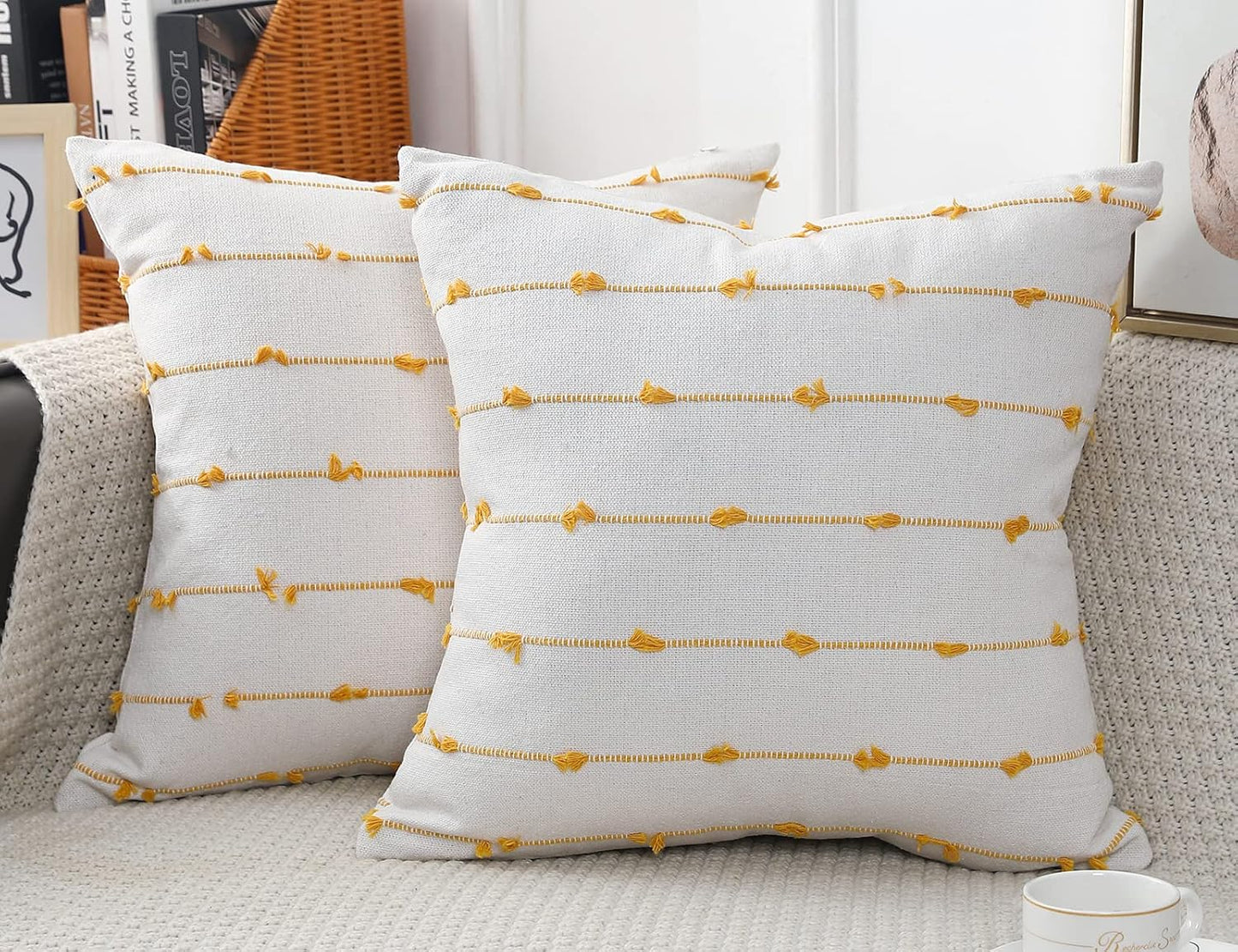 NUYECY Set of 2 Boho Throw Pillow Covers 18x18,Beige Yellow Neutral Couch Pillow Case with Tassel Fringe Decorative，Modern Accent Farmhouse Cushion Covers for Sofa Couch Bed Living Room