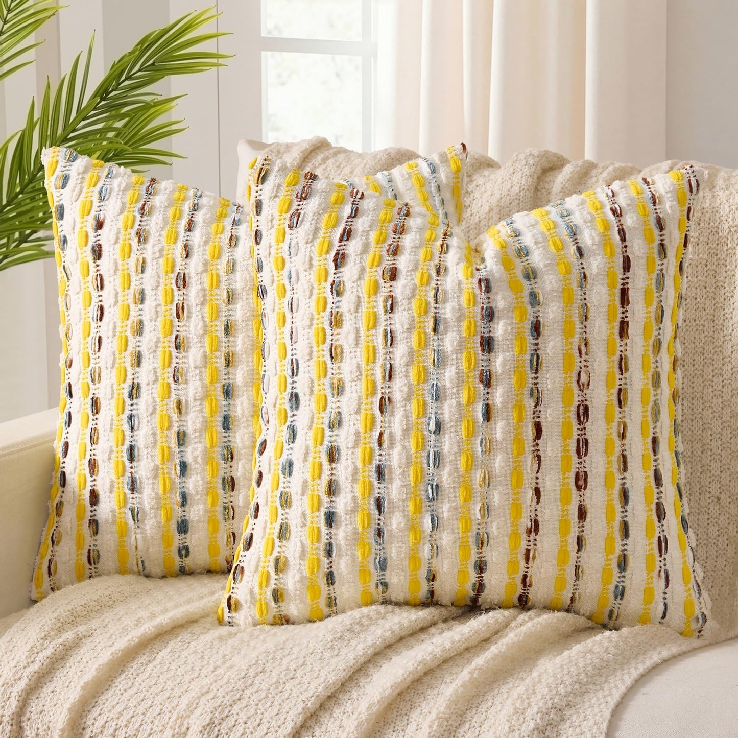 ANRODUO Boho Chenille Textured Tufted Pillow Covers 20x20 Inch Set of 2 Woven Decorative Throw Pillow Covers with Raised Stripes Accent Neutral Pillowcase for Couch Sofa Bed Living Room, Yellow Cream