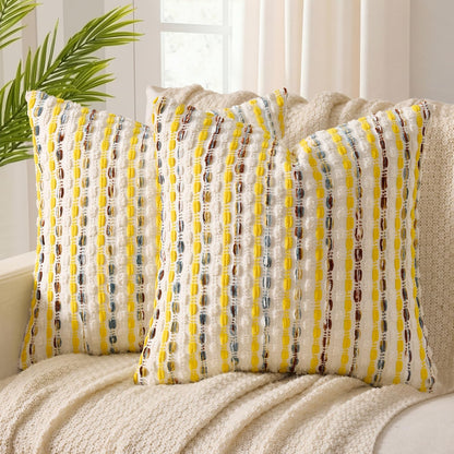 ANRODUO Boho Chenille Textured Tufted Pillow Covers 20x20 Inch Set of 2 Woven Decorative Throw Pillow Covers with Raised Stripes Accent Neutral Pillowcase for Couch Sofa Bed Living Room, Yellow Cream