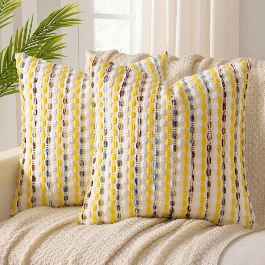 ANRODUO Boho Chenille Textured Tufted Pillow Covers 20x20 Inch Set of 2 Woven Decorative Throw Pillow Covers with Raised Stripes Accent Neutral Pillowcase for Couch Sofa Bed Living Room, Yellow Cream