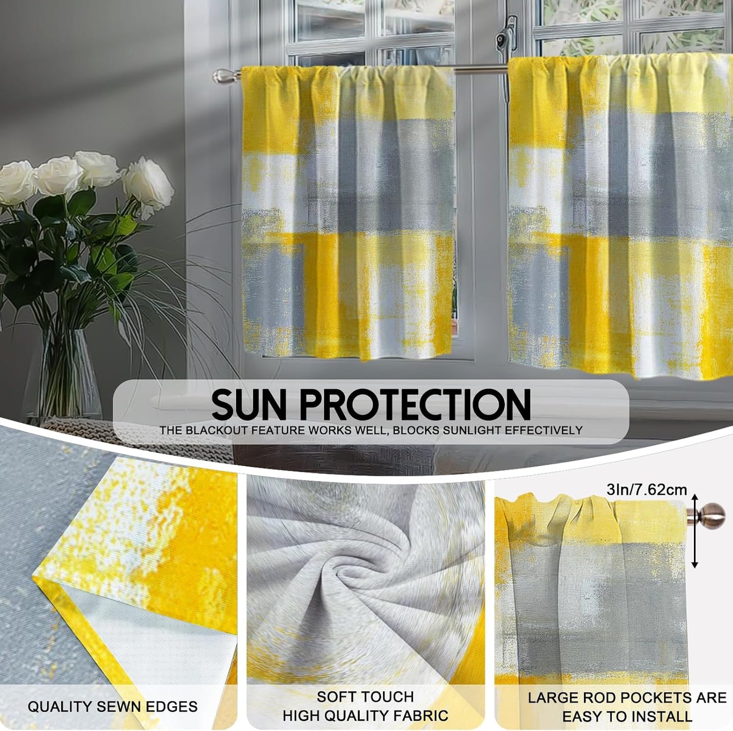 Lnond Yellow Grey Kitchen Curtains and Valances Set,52x36 Inch Semi-Sheer Rod Pocket Kitchen Curtain Valance and Tiers Set, 3 Pcs Abstract Art Kitchen Decor Small Cafe Curtains Bathroom Curtain