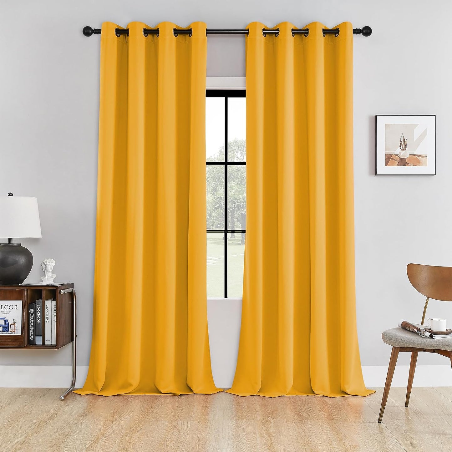 HUTO Blackout Curtains and Drapes for Bedroom - Extra Long Room Darkening Thermal Insulated Solid Window Antique Copper Grommet Draperies for Living Room (Gold Yellow, 1 Pair, 52 x 96-Inch)