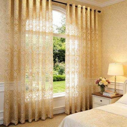 European Style Sheer Curtain - Grommet Top Luxury Window Screening for Living Room, Bedroom, Balcony - Hollow Semi-Shading Voile, Simple Modern Drape