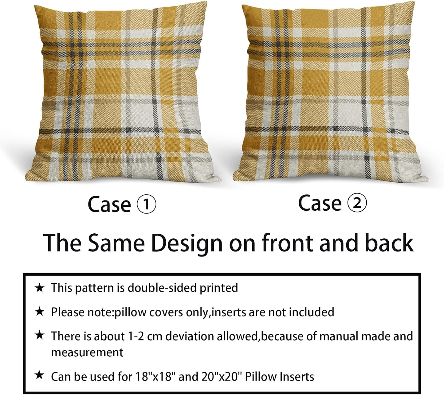 Yellow Buffalo Plaid Pillow Covers 18x18 Set of 2 Checkered Tartan Decorative Pillowcases Christmas Holiday Seasonal Outdoor Neutral Rustic Farmhouse Throw Cushion Case Decor for Couch Sofa Bed