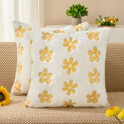 DFXSZ Spring Summer Pillow Covers 18x18 inch Set of 2 Farmhouse Decor Yellow Embroidery Daisy White Soft Plush Faux Fur Jacquard Throw Pillows for Sofa Holiday Spring Home Decor PTK081A18