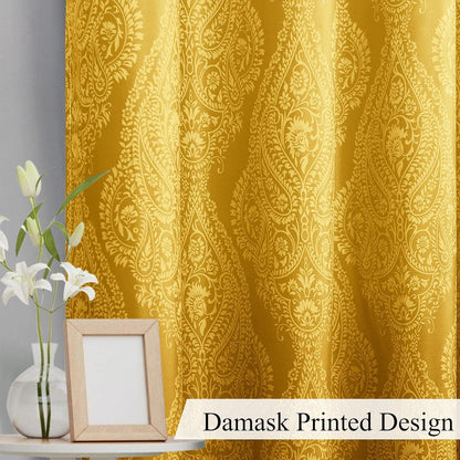 JIUZHEN Yellow Ombre Blackout Curtains for Bedroom – Damask Patterned Thermal Insulated Energy Saving Grommet Curtains with Tiebacks, 52 x 96 Inch, Set of 2 Panels