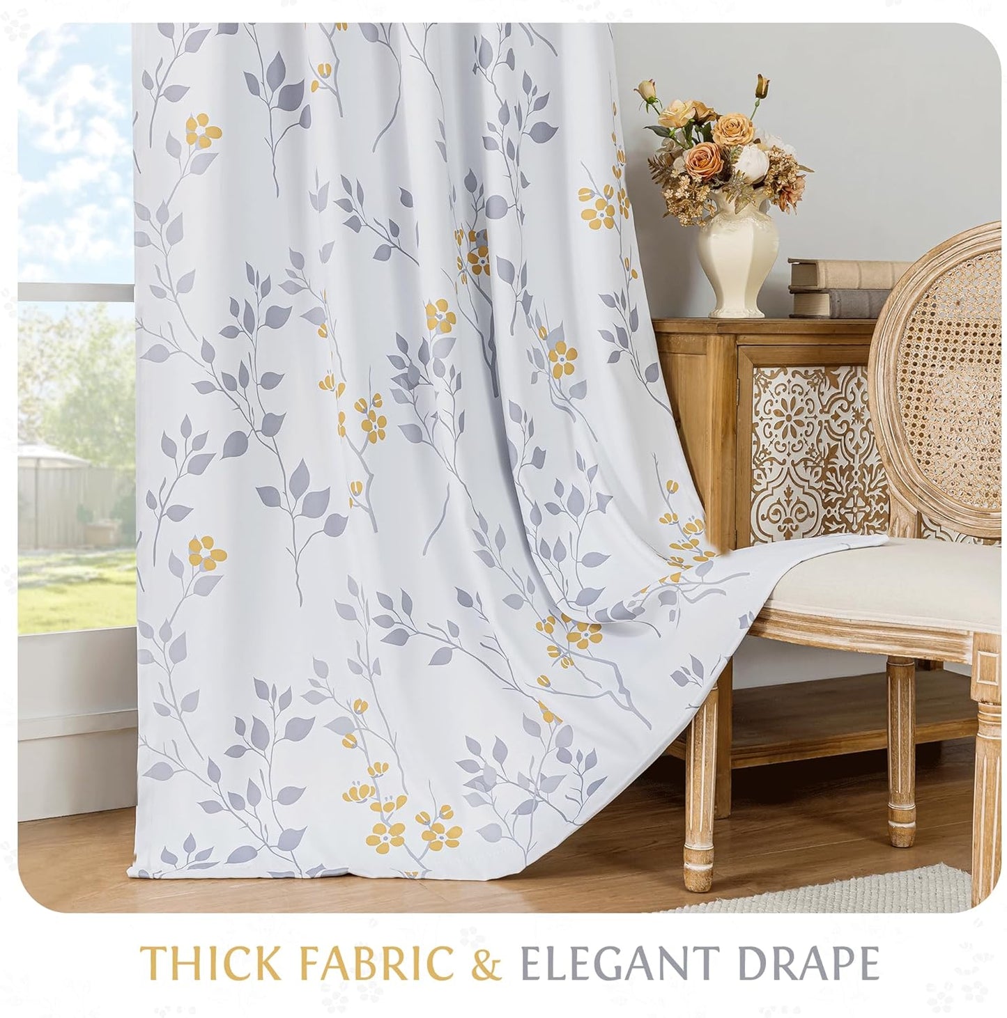 Beauoop Floral 100% Blackout Curtains 84 Inches Long 2 Panels for Bedroom Living Room Yellow Grey and White Flower Patterned Room Darkening Thermal Soundproof Grommet Window Treatments Drapes, 52X84