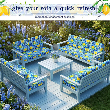 Newwiee 12 Pcs Patio Cushion Covers Outdoor Stretch Sofa Couch Cover Replacement Couch Slipcover Sofa Seat Chair Porch Patio Furniture Protector, Flexibility Washable(Blue Series,Yellow Lemon)