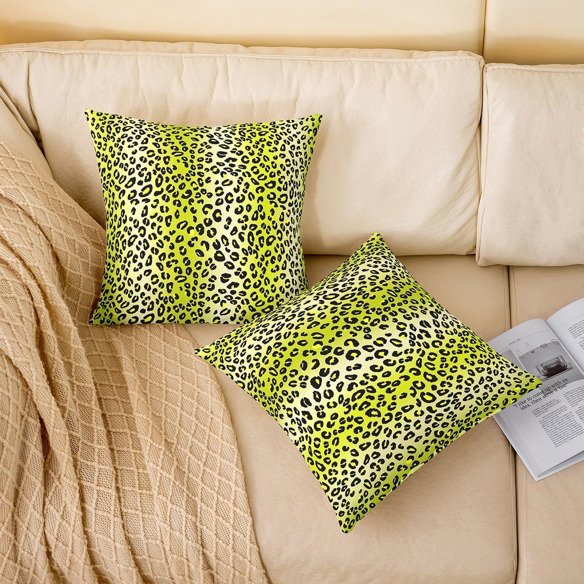 Manfei Leopard Fur Print 2 Pack Pillow Covers,Yellow Gradient Vertical Stripes Geometric Soft Square Cushion Case,Wild Animal Cheetah Fur Pattern Throw Pillow Coverss Double Sides,20"x 20"