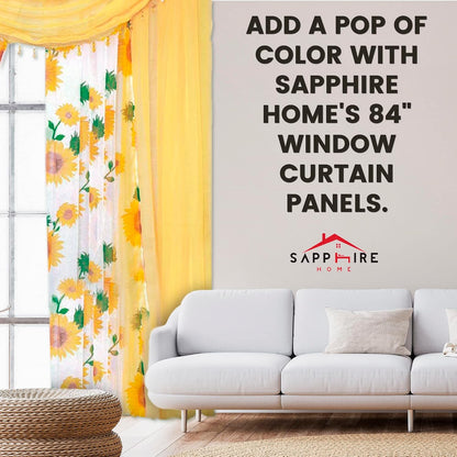 Sapphire Home Sheer Curtains - Two Tone 4 Panels Set w/Valance & Tiebacks, 55"x84", Lightweight Light-Filtering Window Curtain for Living Room, Bedroom, Kitchen, Dining Room - Sunflower/Yellow