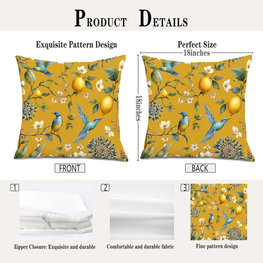Rustic Yellow Lemon Bird Floral Pillow Covers 18x18, Vintage Lemon Cottagecore Nature Bird Flower Botanical Decorative Throw Pillow Covers for Home Bedroom Living Room