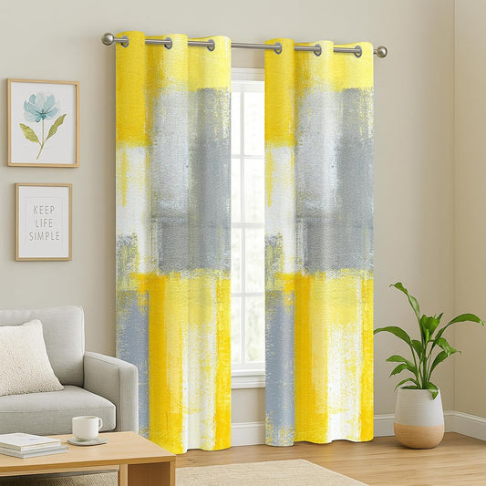 Yellow Grey Abstract Geometric Curtains – 100% Blackout Grommet Drapes, Thermal Insulated Window Panels for Bedroom, Living Room, Kids Room, 42 x 45 Inch