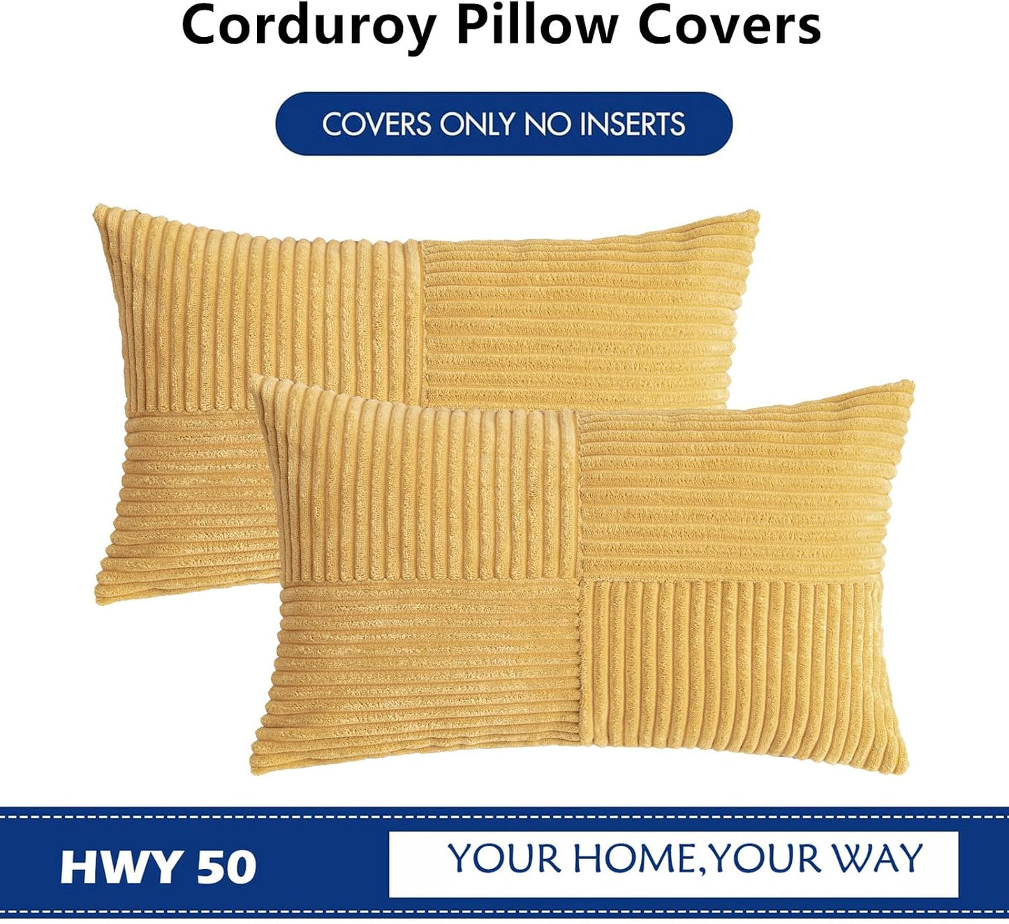 HWY 50 Mustard Yellow Corduroy Patchwork Throw Pillow Covers 12x20 Inch Rectangle, Set of 2, Soft Cozy Textured Decorative Cushion Cases for Couch Sofa Bed Living Room, Boho Striped Home Decor