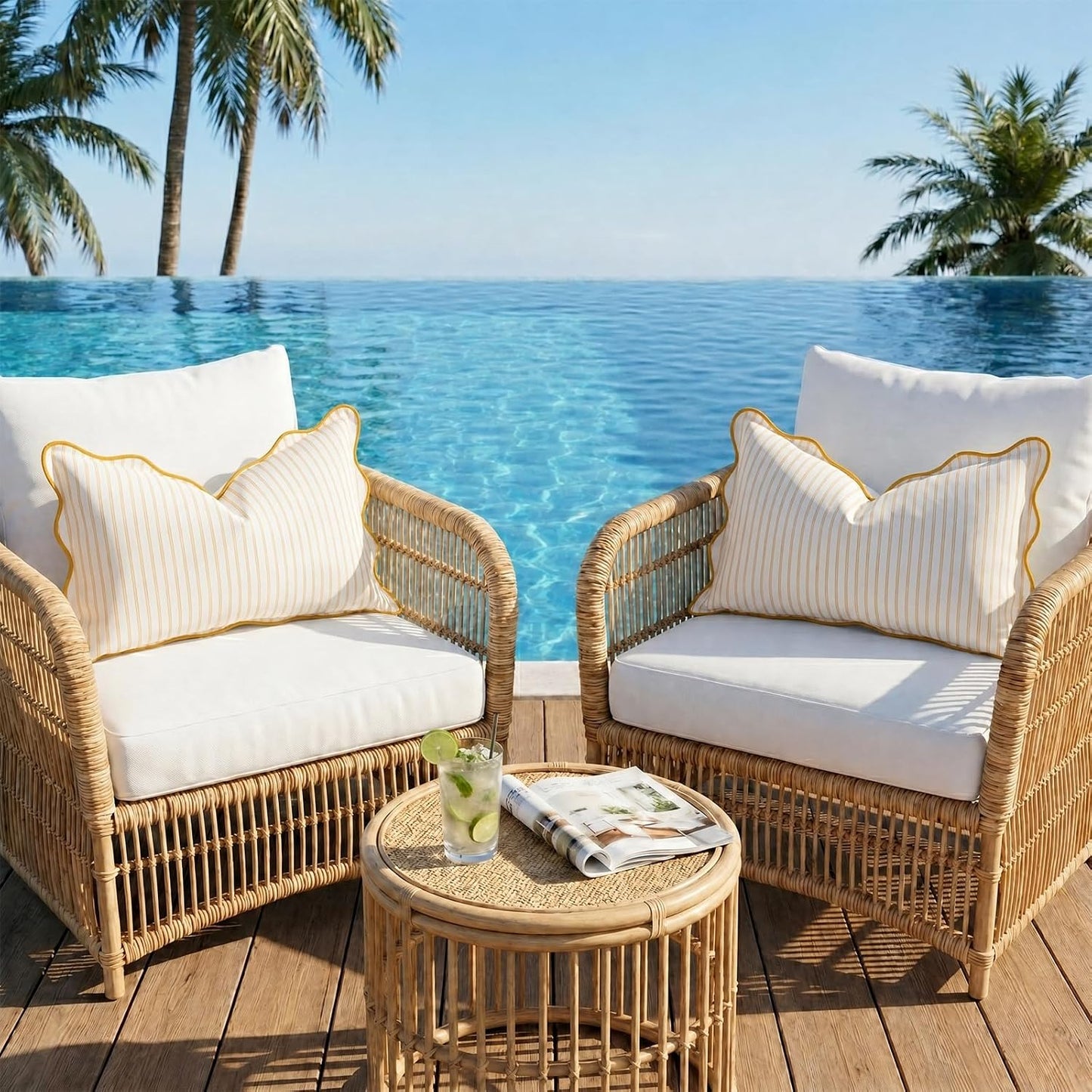 DEZENE 12x20 Yellow Outdoor Lumbar Pillow Cover, Striped Scalloped Water Resistant Throw Pillow Case Farmhouse Cushion Cover for Coastal Patio and Porch Decor