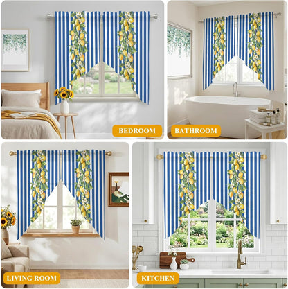 Blue Stripes Lemon Swag Curtains 36 Inch Length 2 Panels Set,Spring Fruit Flowers Leaves Line Semi-Sheer Curtain Drapes Rod Pocket Valance For Kitchen,Living Room,Bedroom,Bathroom Window 56"Wx36"L
