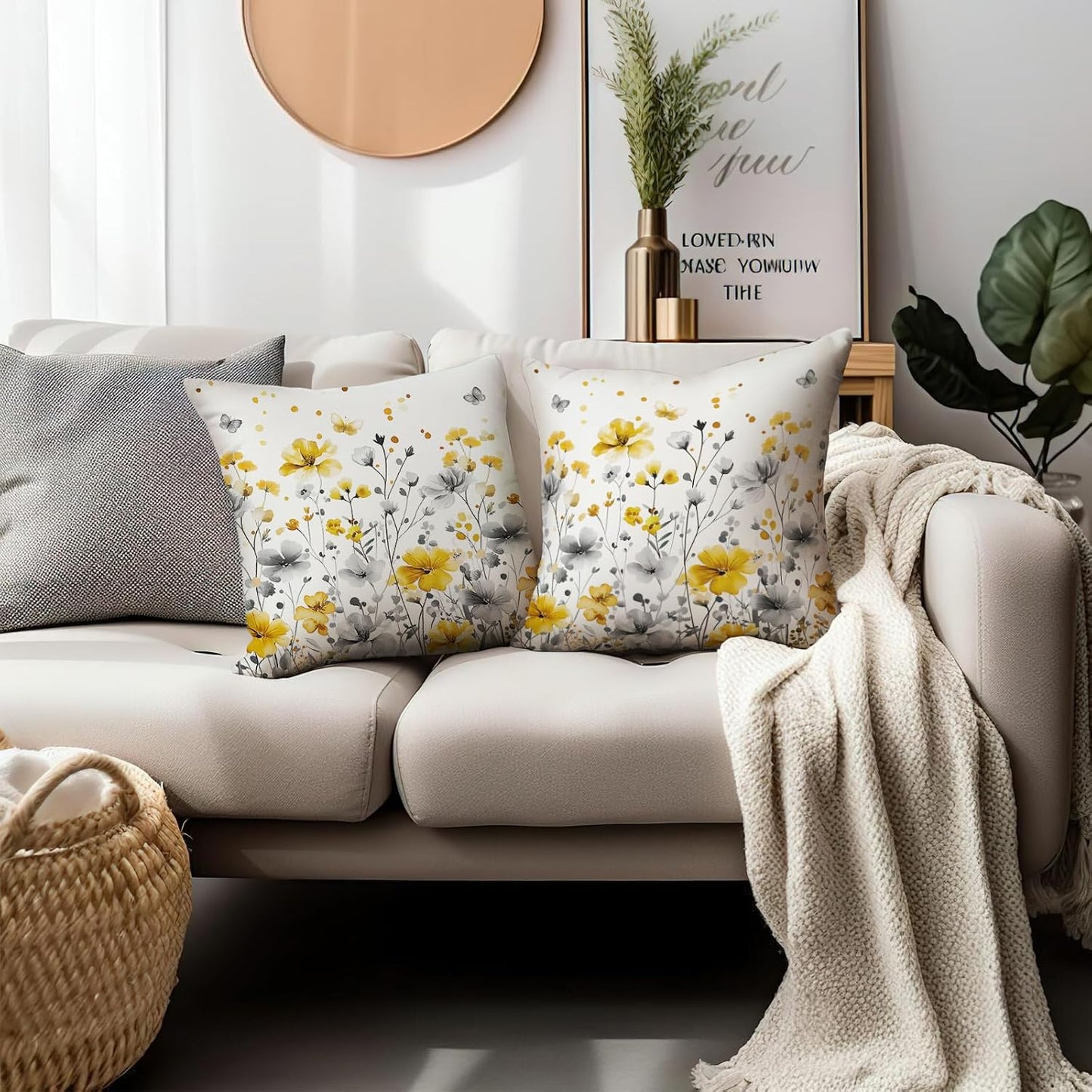Spring Summer Flowers Pillow Throw Covers 18x18 Inch Yellow Gray Floral Pillow Covers Seasonal Decorative Pillowcases Cushion Case for Home Sofa Couch Bed Set of 2