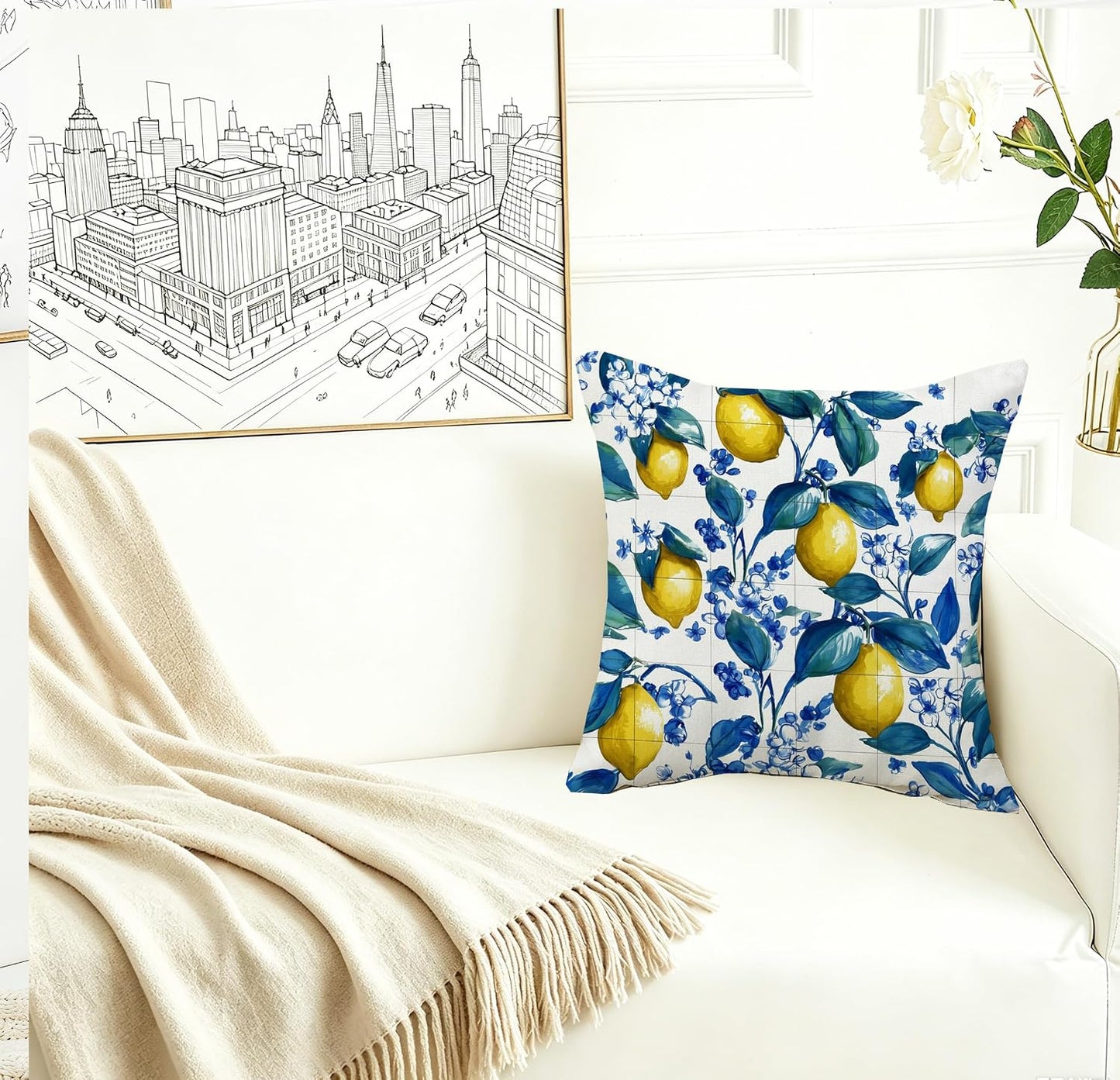 Blue Lemon Pillow Covers 18x18 Set of 2, Mediterranean Italian Lemon Floral Tile Decorative Throw Pillow Covers, Double-Sided Cushion Covers for Couch Sofa Farmhouse Spring Summer Kitchen Home Decor