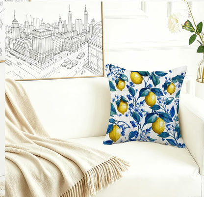 Blue Lemon Pillow Covers 18x18 Set of 2, Mediterranean Italian Lemon Floral Tile Decorative Throw Pillow Covers, Double-Sided Cushion Covers for Couch Sofa Farmhouse Spring Summer Kitchen Home Decor