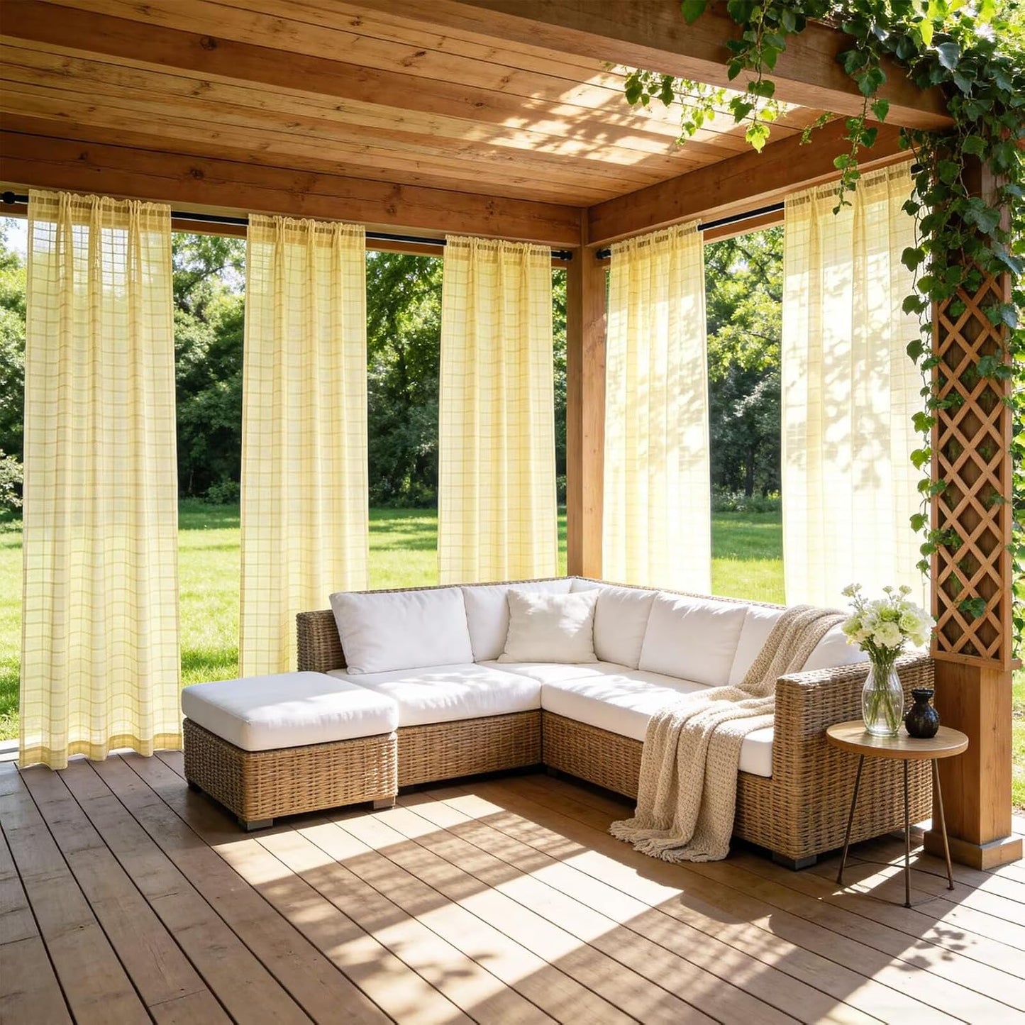 2 Panels Outdoor Sheer Curtains for Patio, Jacquard Check Curtains for Patio Waterproof, Indoor Outdoor Drapes for Gazebo Pergola Balcony Pool Spa (Yellow, 52 x 84 inch)