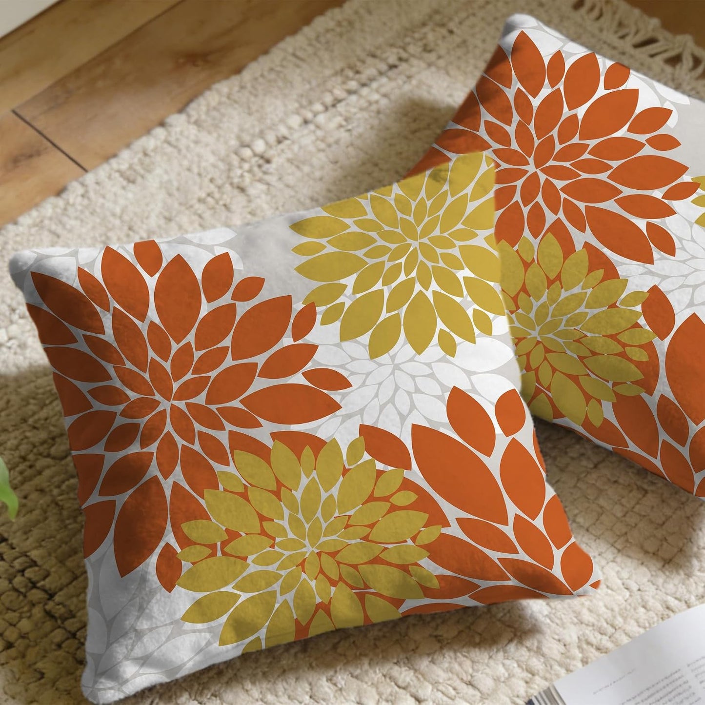 Floral Throw Pillow Covers Bohemian Dahlia Flowers Geometry Graph Modern Soft Cozy Decor Bed Living Room Sofa Rustic Farmhouse Pillow Case Set of 2 Orange Yellow White,18x18 Inch