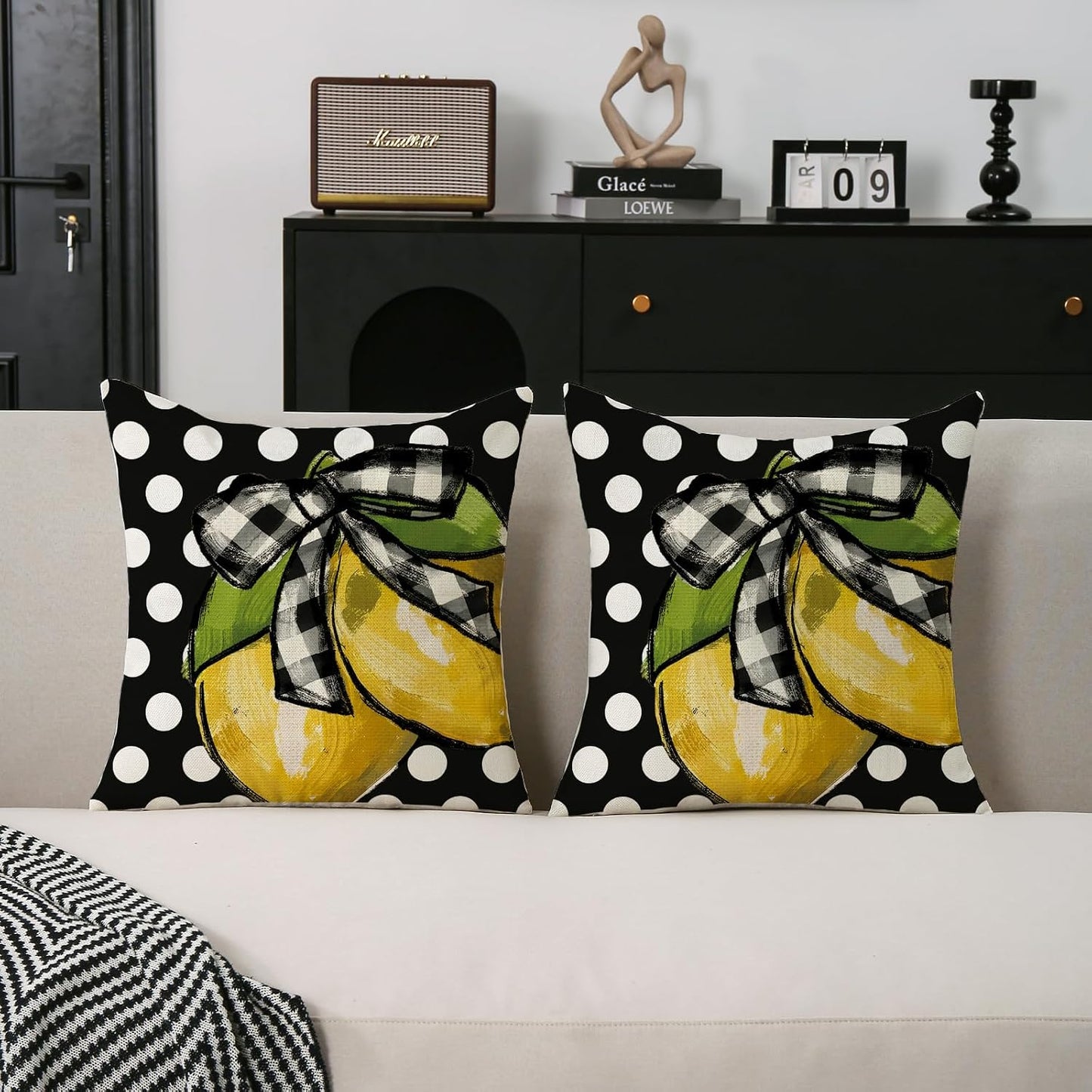 TAJWE Summer Lemon Pillow Covers 18x18 Set of 2 Farmhouse Dots Outdoor Decorative Cushion Cases for Sofa Couch Home Decorations Black