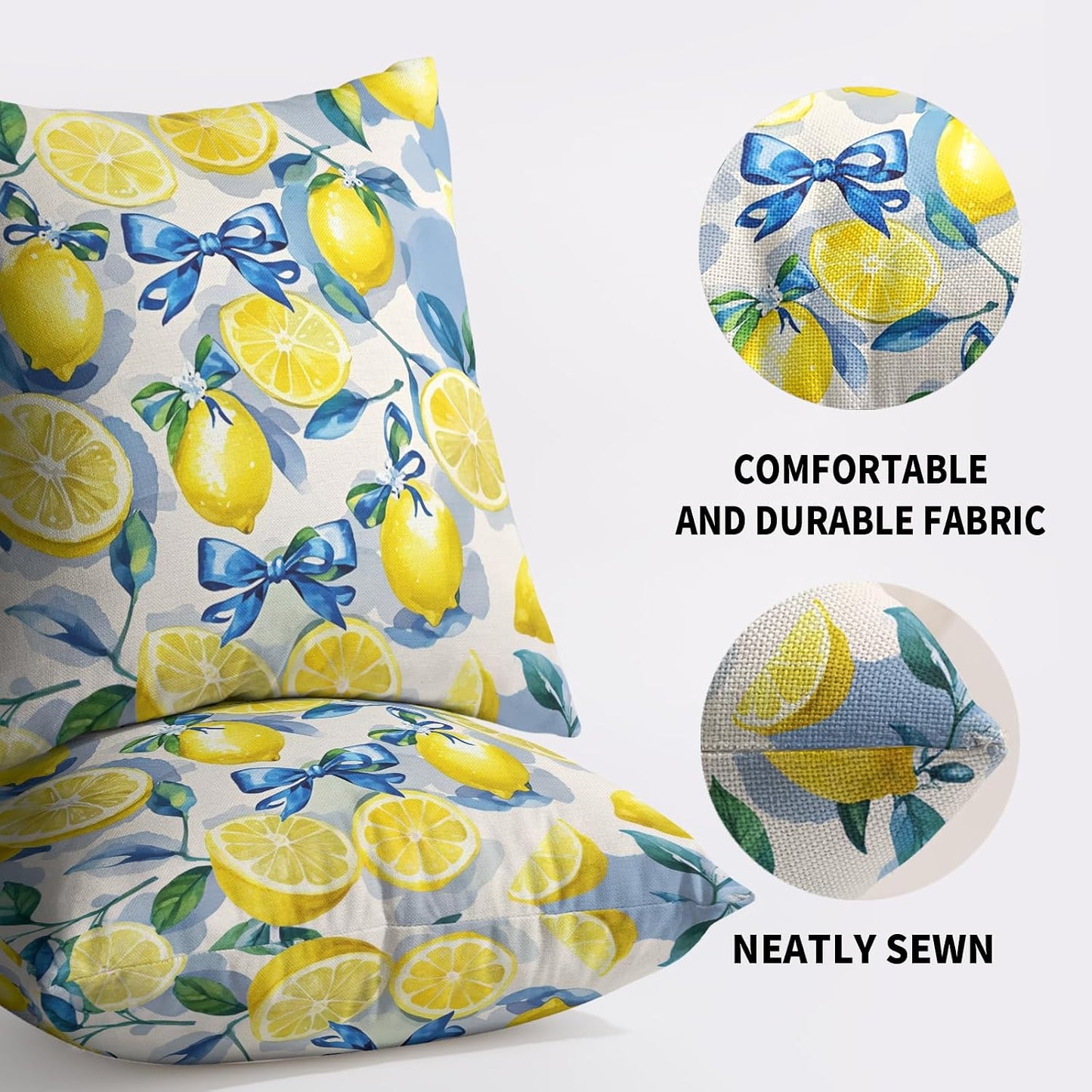 Yellow Lemon Pillow Covers 20X20 Set of 2, Blue Bow Floral Summer Theme Print Decorative Throw Pillowcases Outdoor Farmhouse Seasonal Cushion Cases Couch Sofa Bed Porch Decor