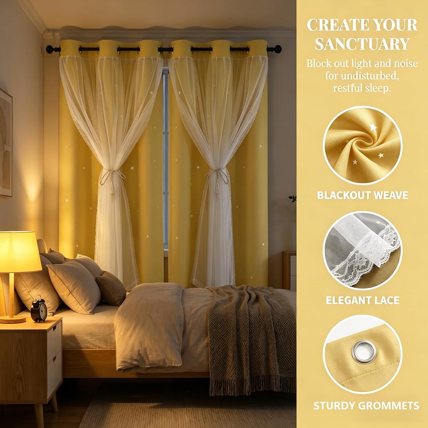 84 Inch Long Star Cut-Out Blackout Curtains Decorative Mix and Match Curtain for Kids Bedroom Thermal Insulated Sun Blocking Drape for Nursery/Living Room 42" W x 84" L Yellow 2 Panels