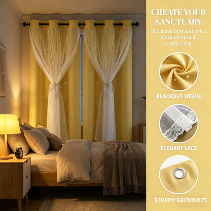 Decorative Star Cut-Out Blackout Curtains 2 Layer Blackout Kids Curtain for Girls Bedroom Noise Reducing Thermal Insulated Drape for Living Room/Classroom 42" W x 72" L Yellow 2 Panels