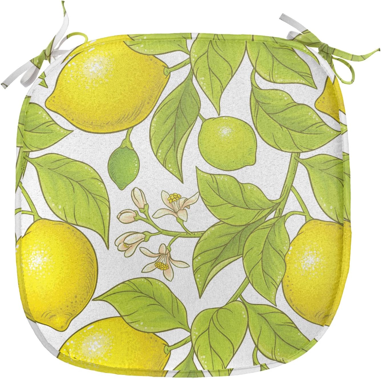 Lunarable Food Chair Seating Cushion Set of 6, Citrus Motifs from Lemon Branches and Blossoms Natural Art Illustration, Anti-Slip Seat Padding for Kitchen & Patio, 16"x16", Yellow and Apple Green