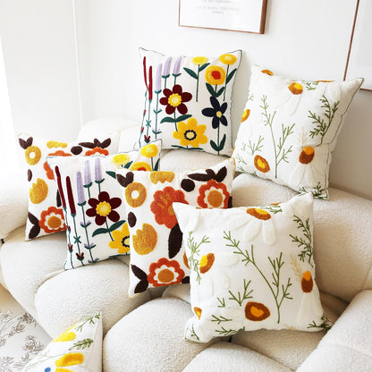 Embroidered Throw Pillow Cover Boho Beige Yellow 2PCS Pillow Covers for Couch Sofa Cotton Linen Daisy Floral Bohemian Pillow Covers 3D Big Flowers Botanical Pillowcase Covers 18x18 Inch