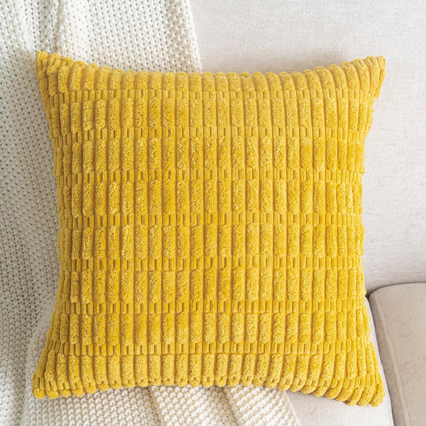 Pack of 2 Corduroy Decorative Throw Pillow Covers 18x18 Inch Soft Boho Striped Pillow Covers Modern Farmhouse Home Decor for Summer Sofa Living Room Couch Bed Mustard Yellow