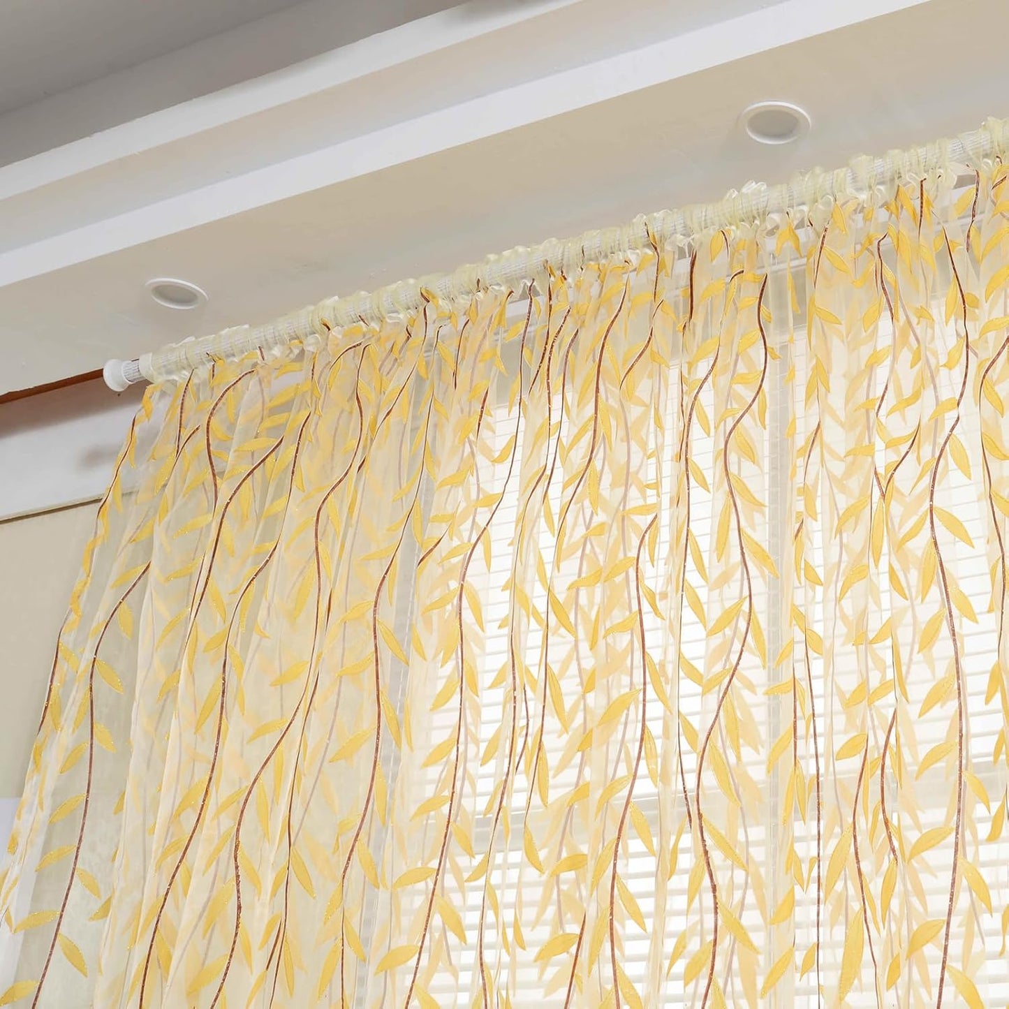 Ufurty 2-Piece Willow Leaf Window Curtains - Voile Tulle Sheer Room Drapes, Yellow, for Living Room, Bedroom, Balcony