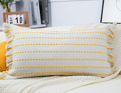 Decorative Farmhouse Fringed Long Lumbar Throw Pillow Cover 12 x 26,Clasic Striped Textured Cotton Boho Decor Long Lumbar Pillow Cover Pillow Case for Sofa Couch Bed,Yellow and Off White