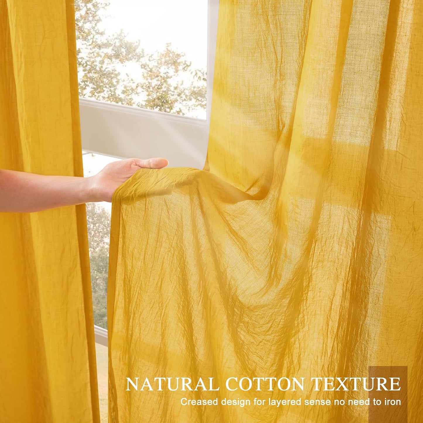 Anpark Elegant Gold Sheer Curtains 63 Inch Length for Bedroom Living Room, Light Filtering Natural Cotton Linen Yellow Semi Sheer Curtains Rod Pocket Privacy Voile Drapes, W52 x L63 in, 2 Panels
