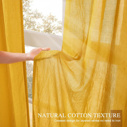 Anpark Elegant Gold Sheer Curtains 63 Inch Length for Bedroom Living Room, Light Filtering Natural Cotton Linen Yellow Semi Sheer Curtains Rod Pocket Privacy Voile Drapes, W52 x L63 in, 2 Panels