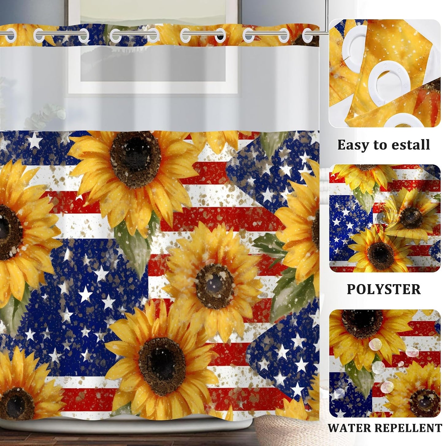 4th of July No Hook Shower Curtain with Snap in Liner Independence Day America Flag Memorial Day Sunflowers Double Layers See Through Top Window Open Grommet Bath Curtain 71x74 Inch