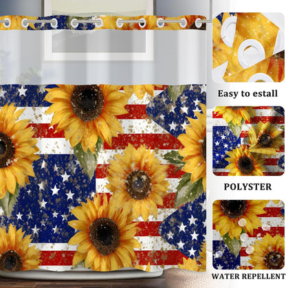 4th of July No Hook Shower Curtain with Snap in Liner Independence Day America Flag Memorial Day Sunflowers Double Layers See Through Top Window Open Grommet Bath Curtain 71x74 Inch