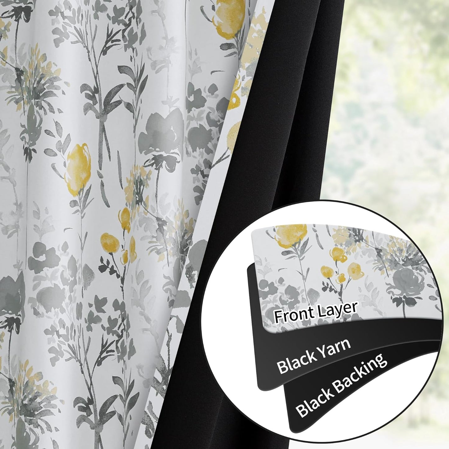 100% Blackout Floral Curtains 84 Inches Long for Bedroom, Living Room Thermal Insulated Flower Window Treatments, Noise Reduction Grommet Watercolor Pattern Drapes Grey Yellow 2 Panels Set