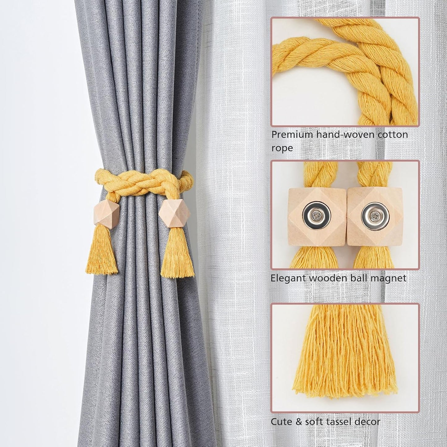 NICEEC 2 Pack Wooden Polyhedron Magnetic Curtain Tiebacks Boho Home Decor Drape Tie Backs Natural Cotton Hand Woven Rope Curtain Holdbacks for Home & Office Window Draperies (Yellow)