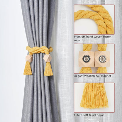 NICEEC 2 Pack Wooden Polyhedron Magnetic Curtain Tiebacks Boho Home Decor Drape Tie Backs Natural Cotton Hand Woven Rope Curtain Holdbacks for Home & Office Window Draperies (Yellow)