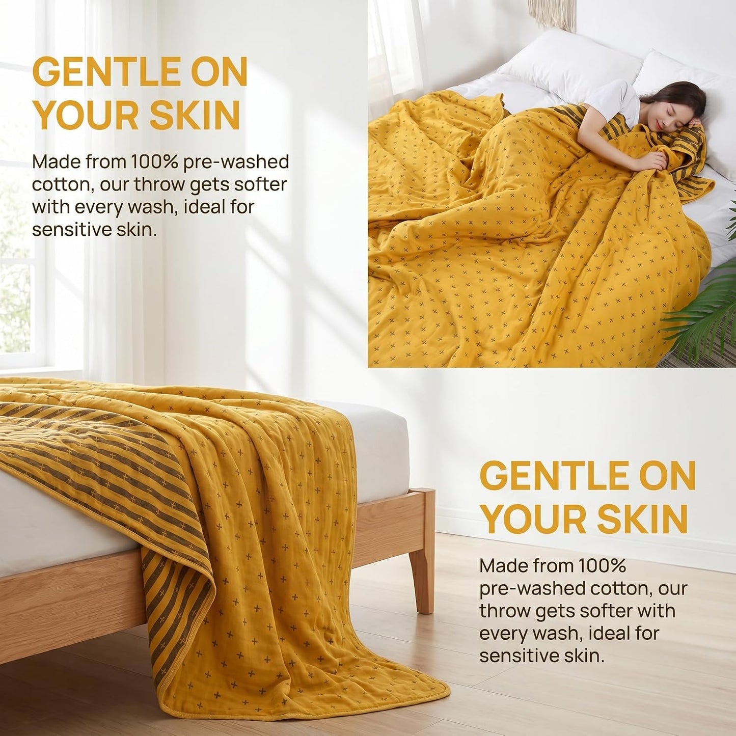 SANACYNA Muslin Blankets for Adults 100% Cotton 6-Layer Gauze Yellow Geometric Bed Blanket Lightweight Soft and Breathable King Blanket for Sofa Bed Coverlet Both Sides (Yellow, King 90" X 104")