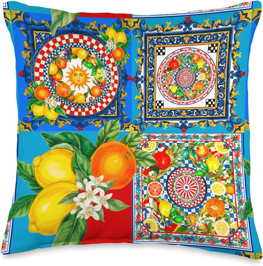 Colorful Lemon Summer Sun Mediterranean Art Throw Pillow