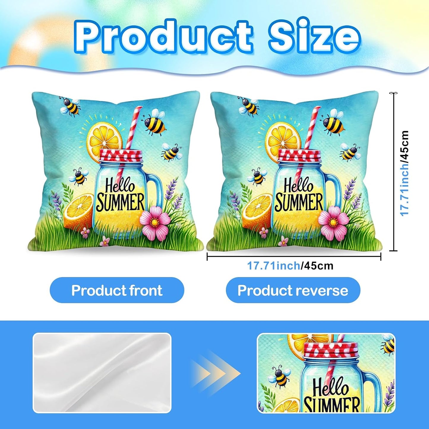 BlissYard Hello Summer Lemon Throw Pillow Covers 18x18 Set of 2 Decorative Pillow Covers Bee Lemonade Summer Cushion Covers Farmhouse Summer Pillow Covers for Couch Sofa Living Room Home Decor