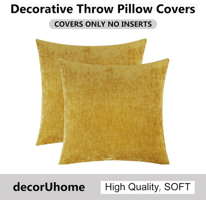 decorUhome Fall Chenille Mineral Yellow Throw Pillow Covers 18x18 Inch Set of 2, Decorative Soft Couch Pillow Covers Solid Dyed Accent Farmhouse Neutral Square Pillow Cases for Sofa