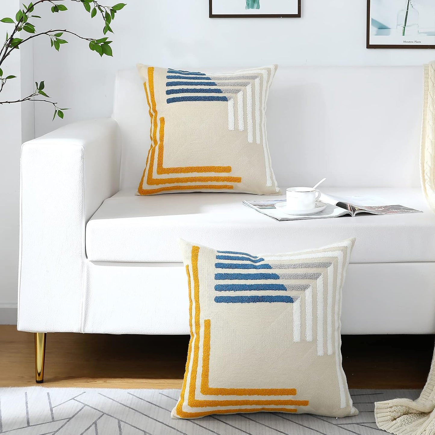 Modern Geometric Embroidered Throw Pillow Covers 18x18 Set of 2 Textured Tufted Patterned Cotton Boho Pillow Covers Spring Decorative for Couch Bed Living Room Outdoor Yellow and Blue