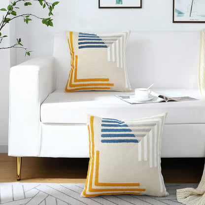 Modern Geometric Embroidered Throw Pillow Covers 18x18 Set of 2 Textured Tufted Patterned Cotton Boho Pillow Covers Spring Decorative for Couch Bed Living Room Outdoor Yellow and Blue
