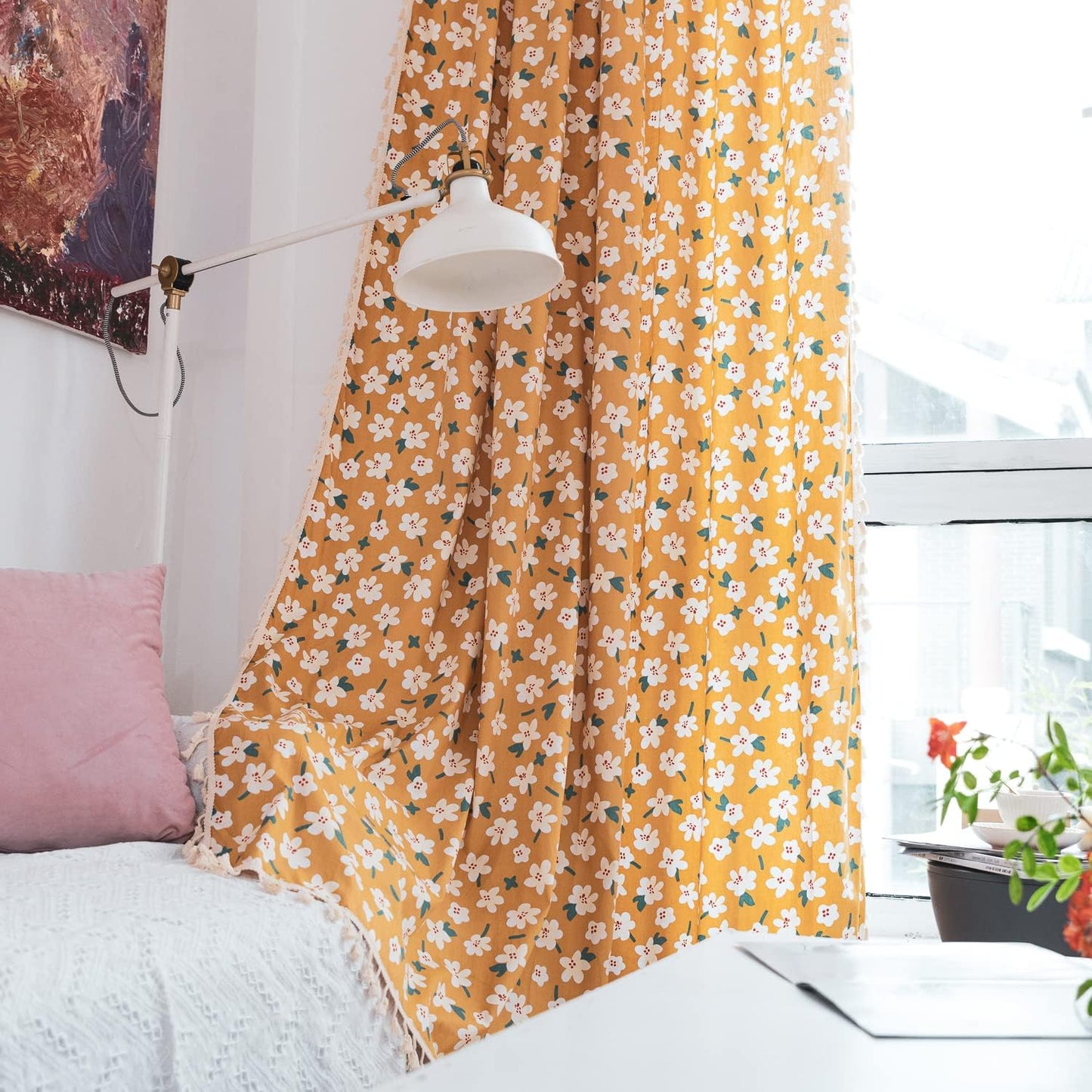 Deeprove Boho Curtain 84 Inch Length, Farmhouse Yellow Florals Print, Cotton Linen Tassels Rod Pocket Semi Blackout Rustic Bohemian Country Window Treatment for Nursery Bedroom 1 Panel, 55''W x 84''L